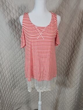 Umgee Striped Cold Shoulder Lace Hem Top